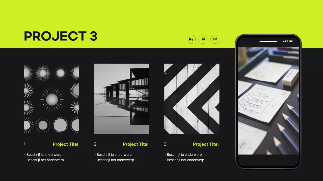 Raster concept designer portfolio in limoengroen en zwart