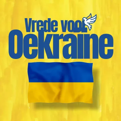 Geel en blauw social media vierkant met anti-oorlogsboodschap en vredesthema