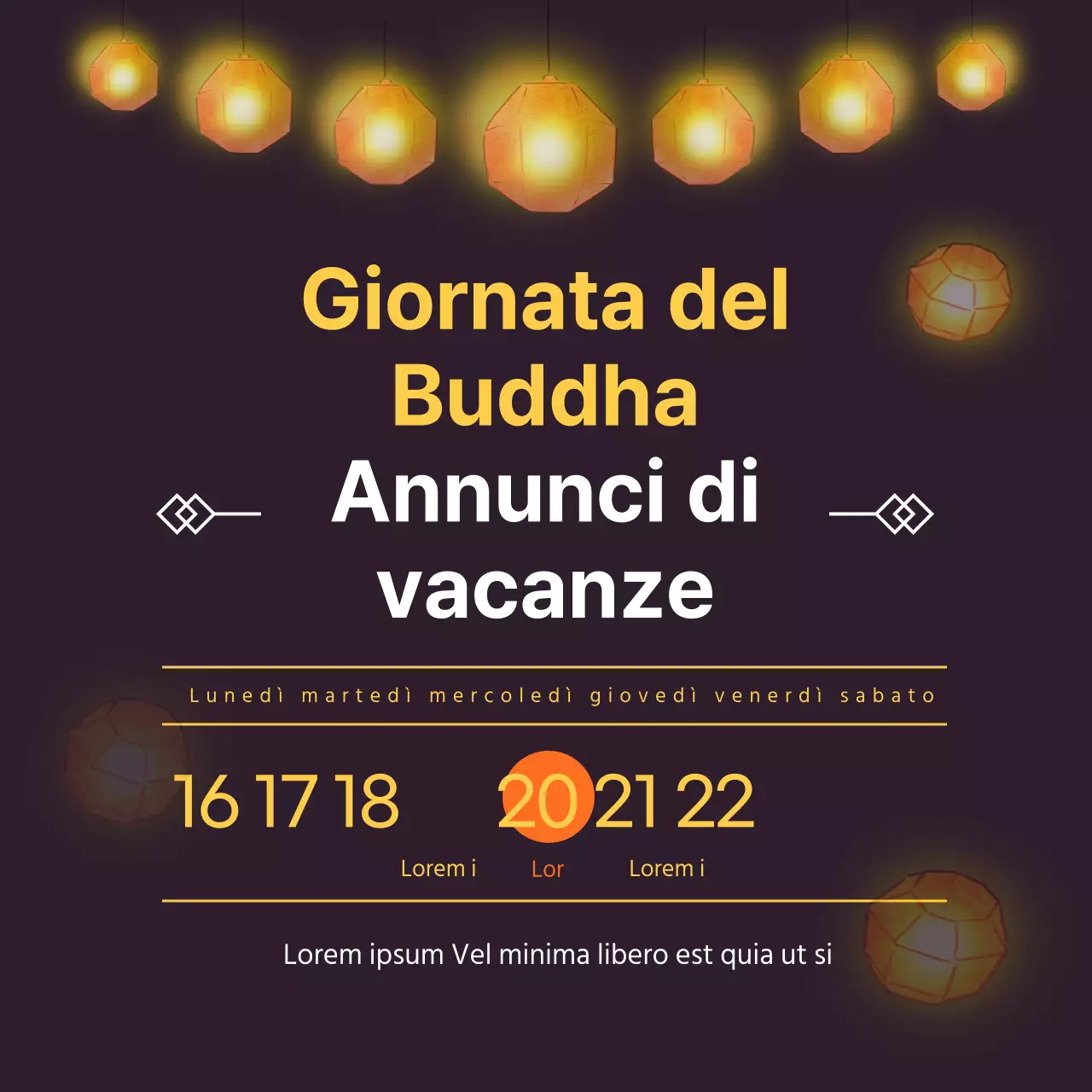 Immagine banner con date di calendario rilevanti per un annuncio di chiusura per ferie su sfondo nero lanterna