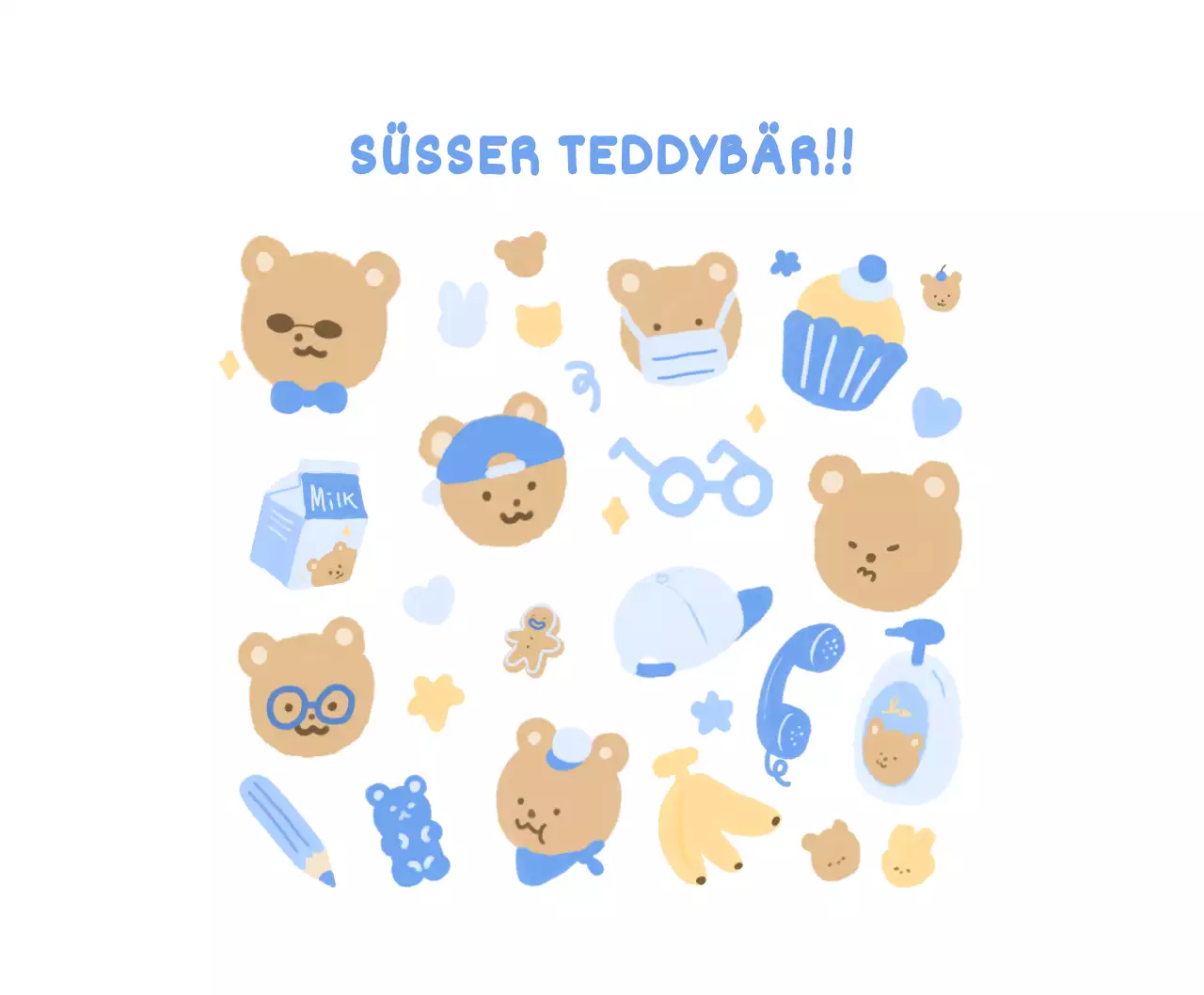 blau, weiß, niedlich, teddy, bär, illustration, persönlich, merchandise, milch, keks, stern, herz, banane, gelee, cupcake, hut, mouse pad, niedlich