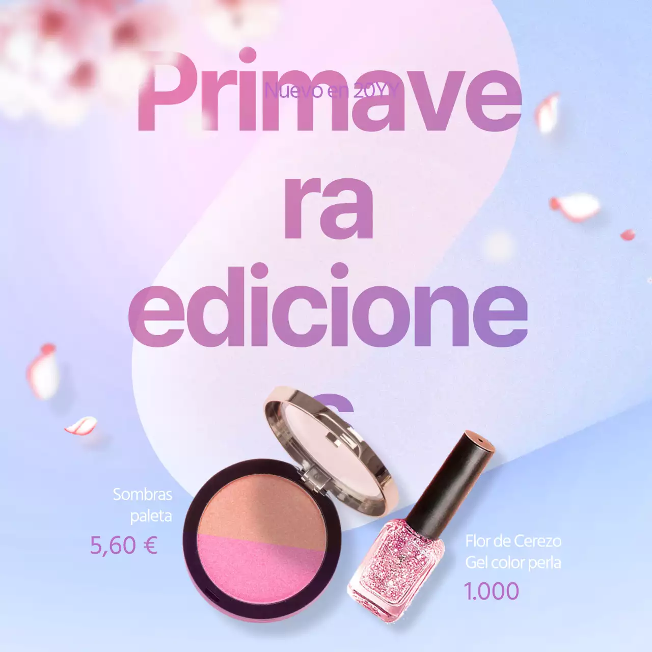 Cosméticos con pétalos volando sobre un fondo de flores de cerezo Banner morado de eventos relacionados con la belleza