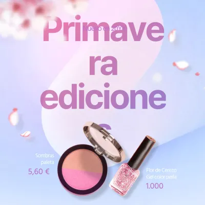 Cosméticos con pétalos volando sobre un fondo de flores de cerezo Banner morado de eventos relacionados con la belleza