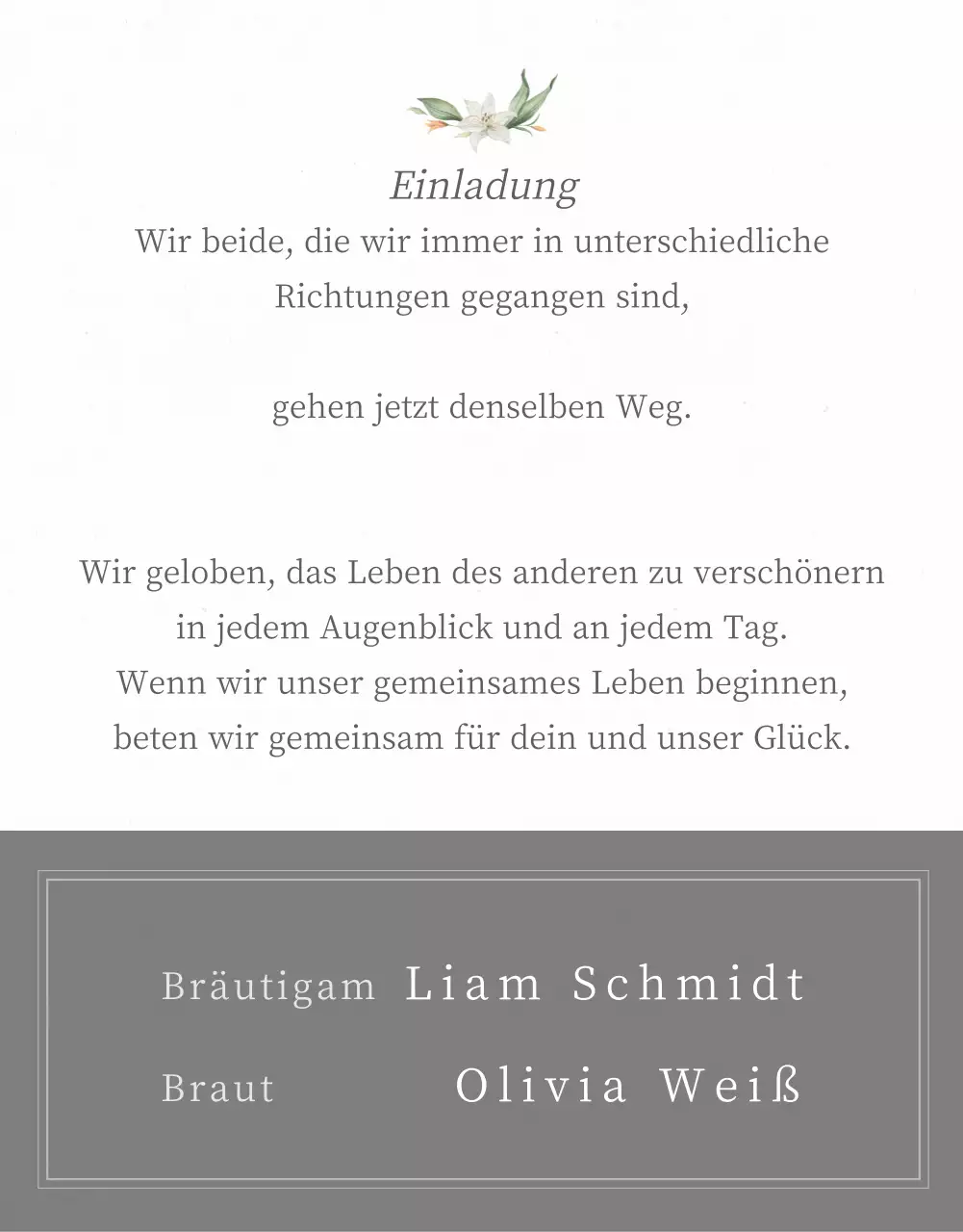 Mobile Hochzeitseinladung in Hellgrau und mit Blumen