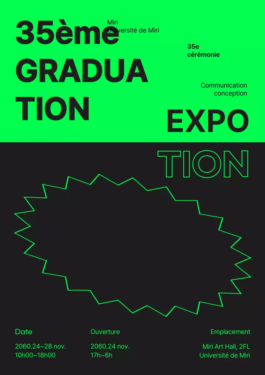 Un guide des expositions de fin d'études avec des accents de texte noir et néon