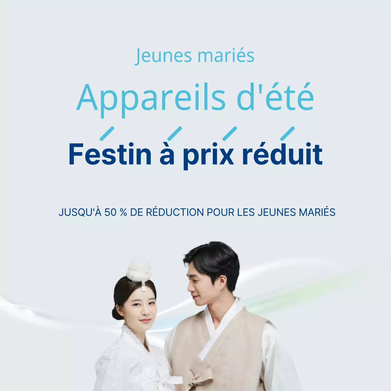 Bannière de vente d'appareils électroménagers pour les jeunes mariés en bleu et bleu clair