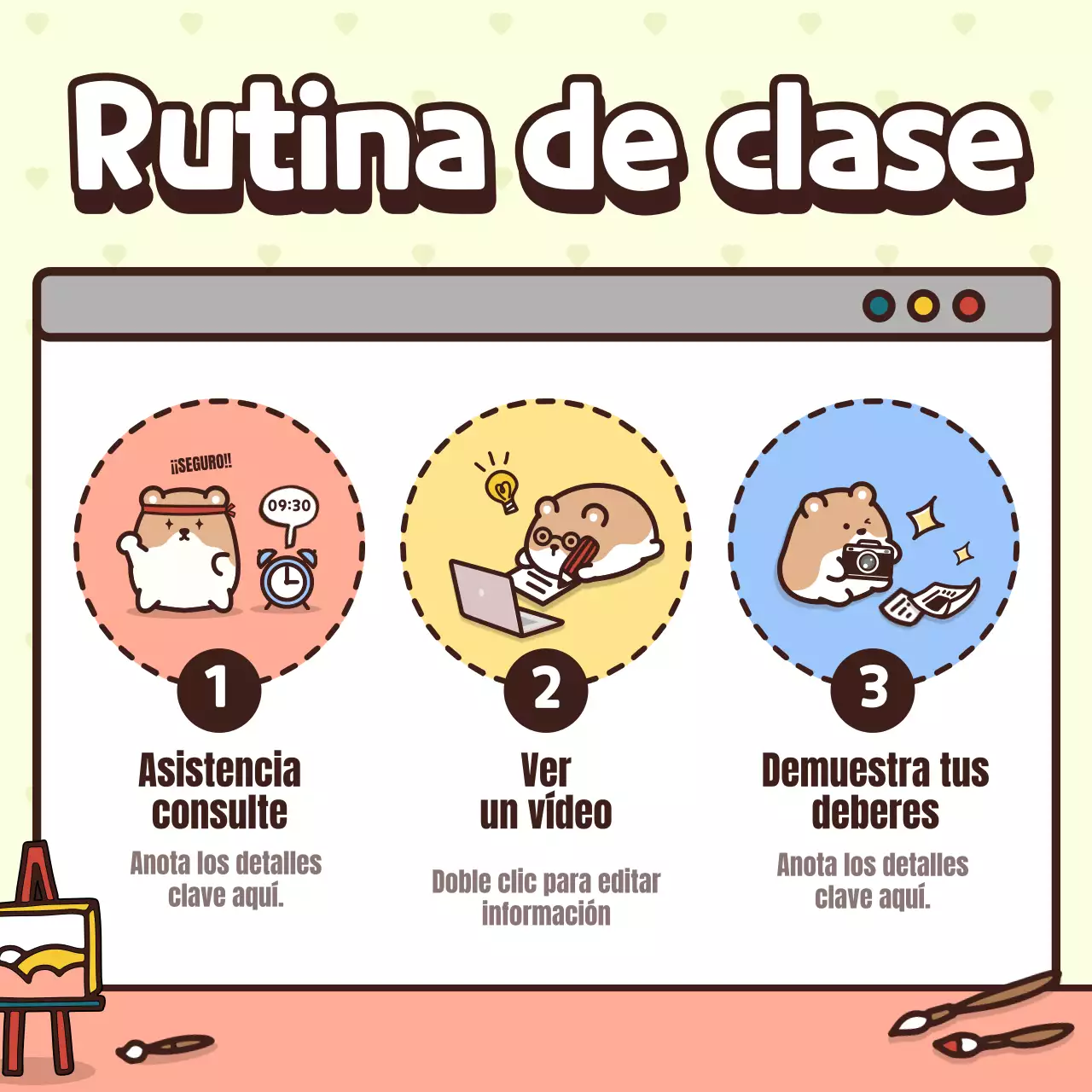 Presentación de la clase con un simpático personaje de color rosa y amarillo