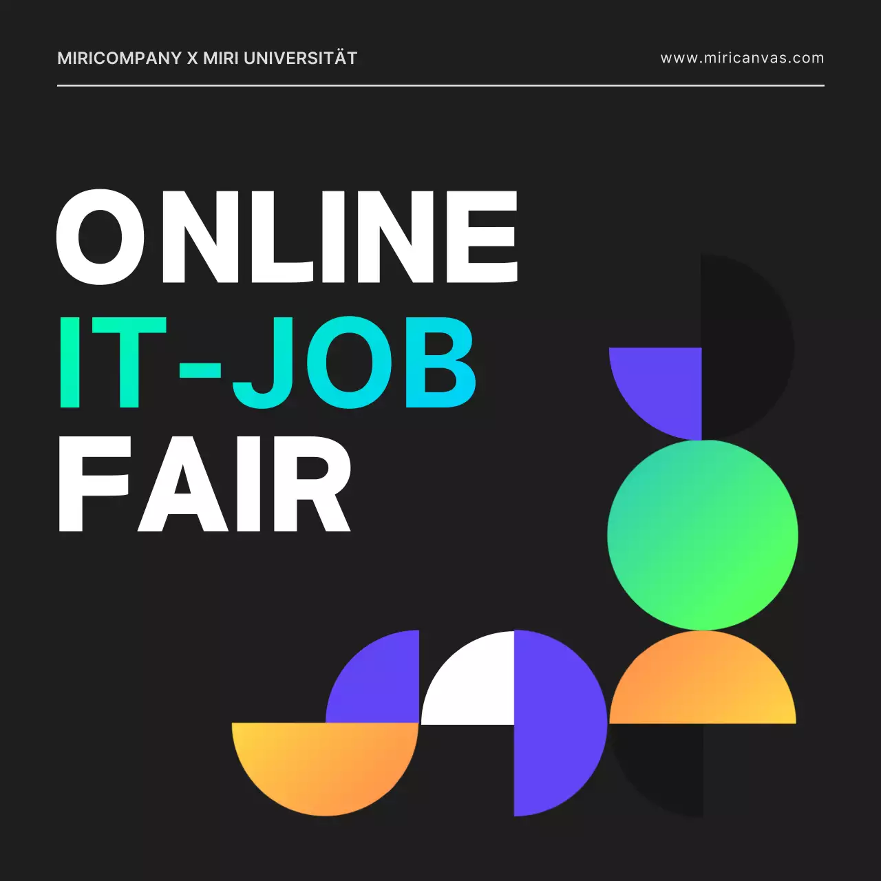 Eine Online-Stellenbörse für einen IT-Entwickler mit City-Pop-Atmosphäre, mit geometrischen Formen in Schwarz und Neonfarben.