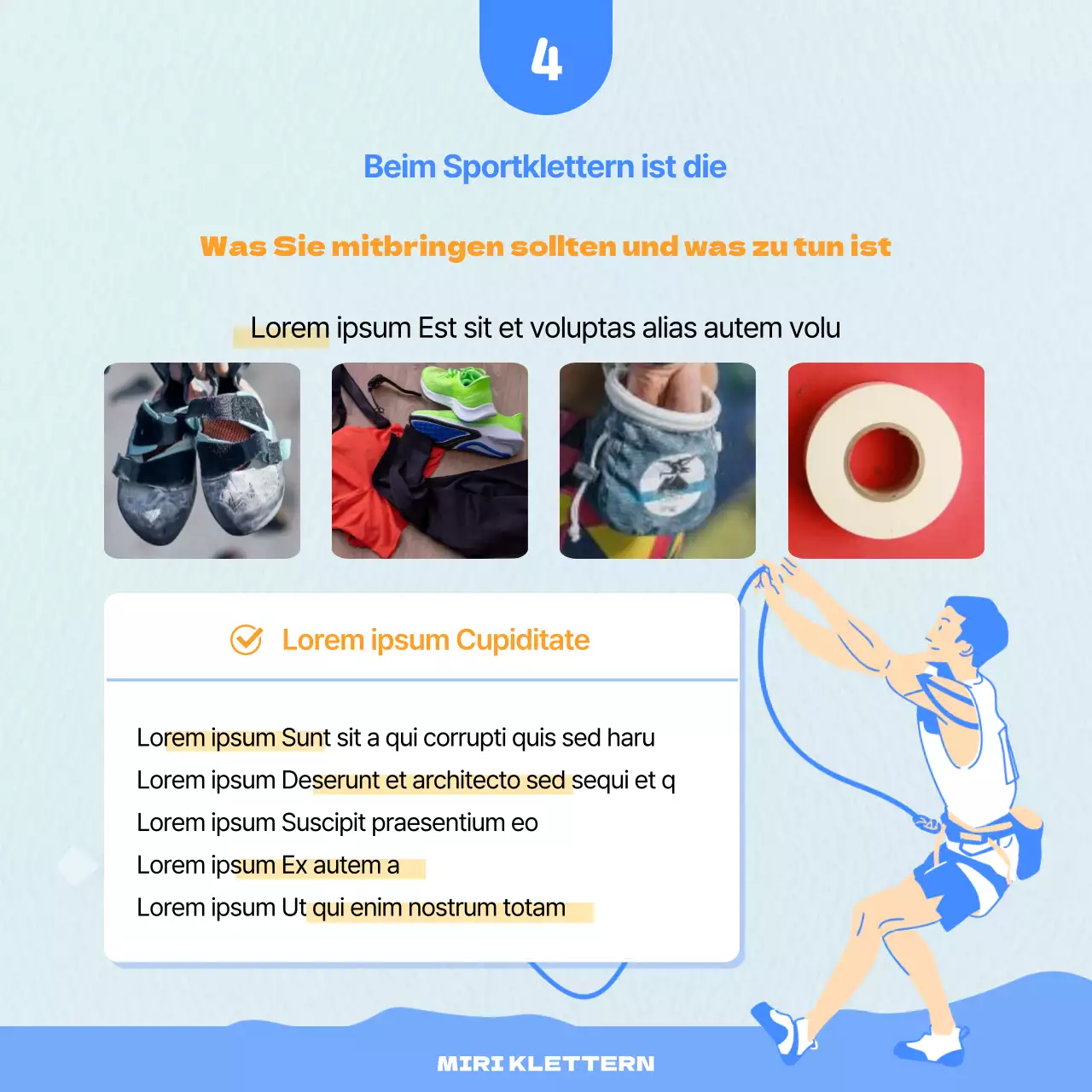 Kühle und dynamische Sportkletterkarte in Orange mit blauem HintergrundNews