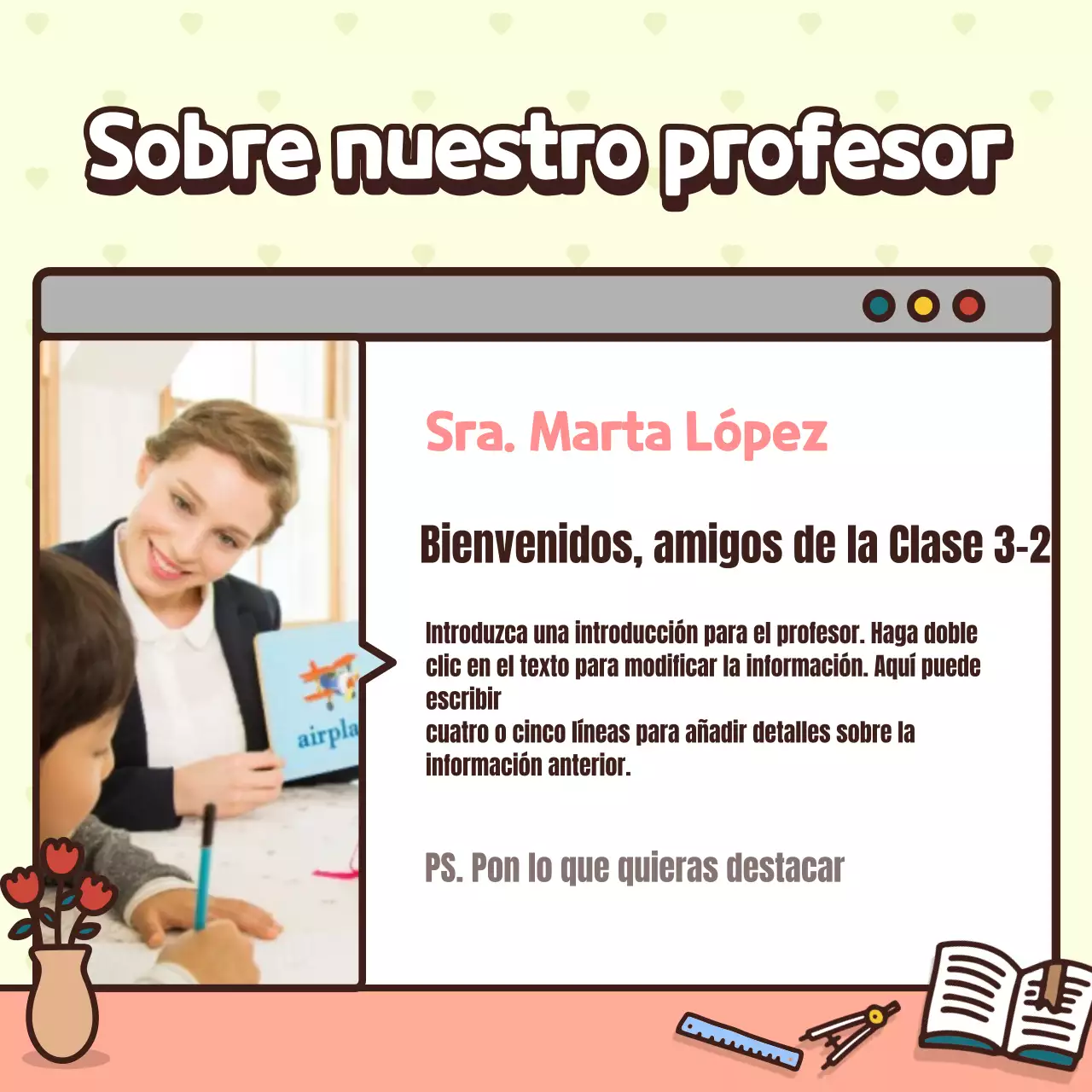 Presentación de la clase con un simpático personaje de color rosa y amarillo