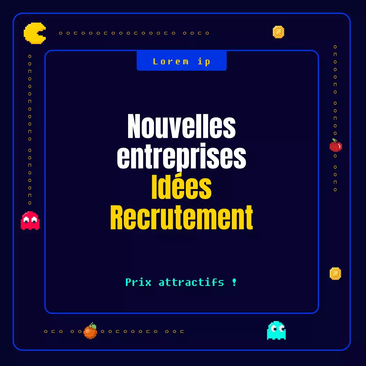Un jeu de pixels Pac-Man original, amusant et rétro en bleu marine et jaune Appel à de nouvelles idées commerciales pour une entreprise.