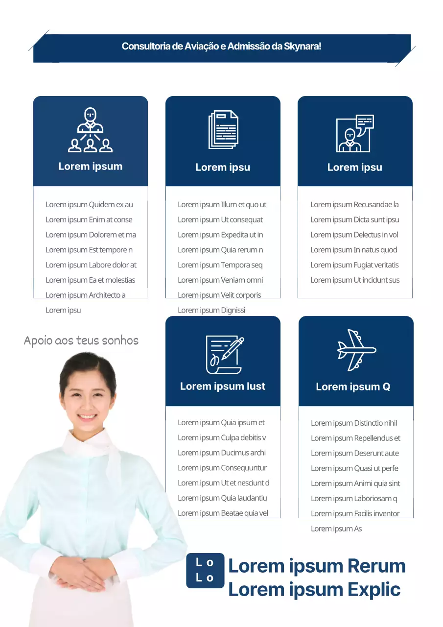 Uma promoção simples de uma escola de aviação com uma fotografia de uma hospedeira de azul.