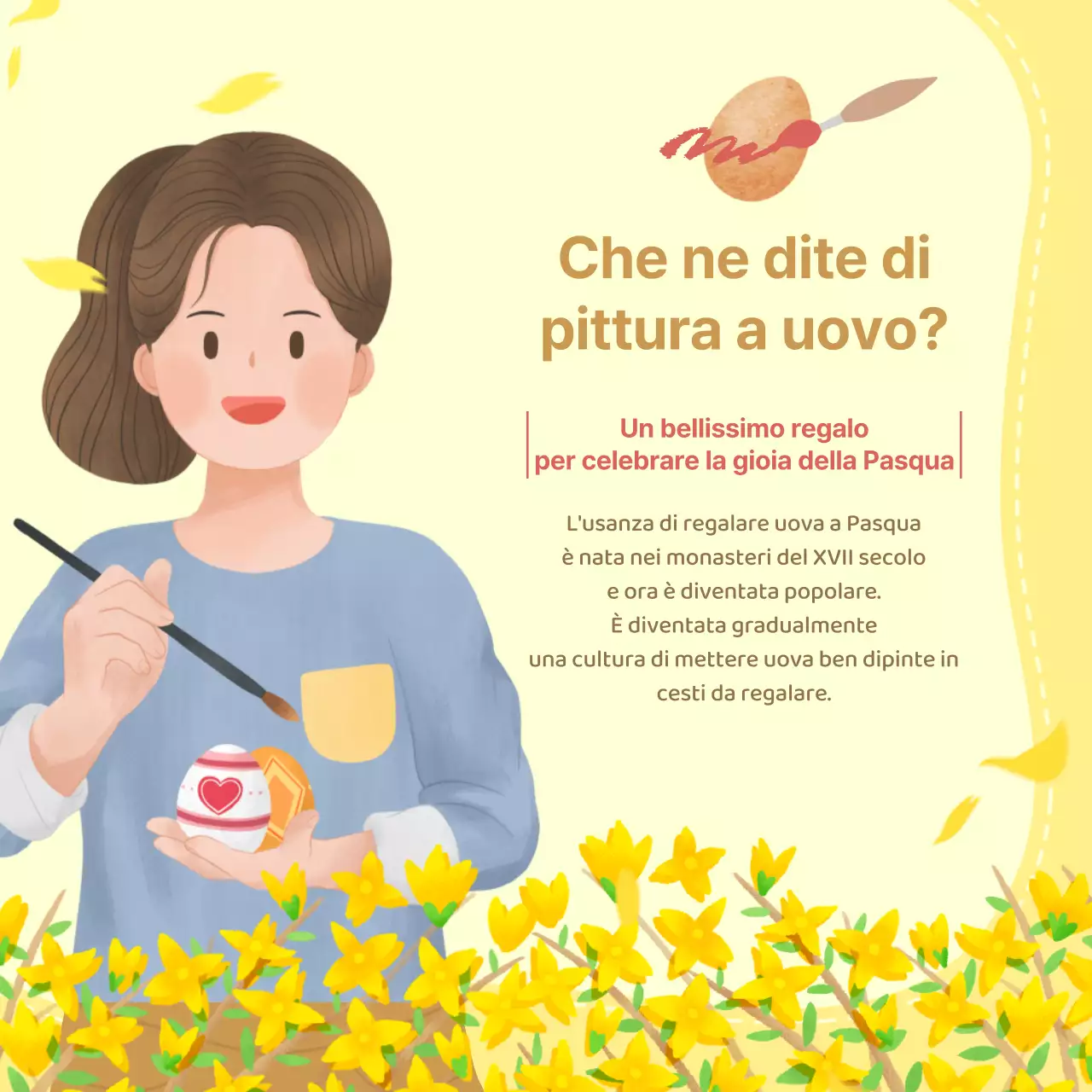 Descrizione di Pasqua e uova e invito in chiesa con sfondo floreale giallo