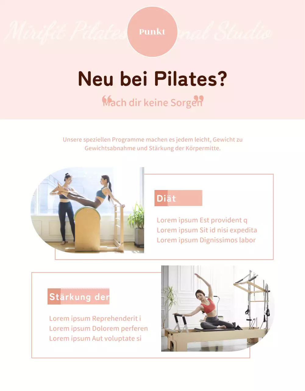 Monotones Pilates-Werbethema mit klaren Illustrationen und abgerundeten Formen