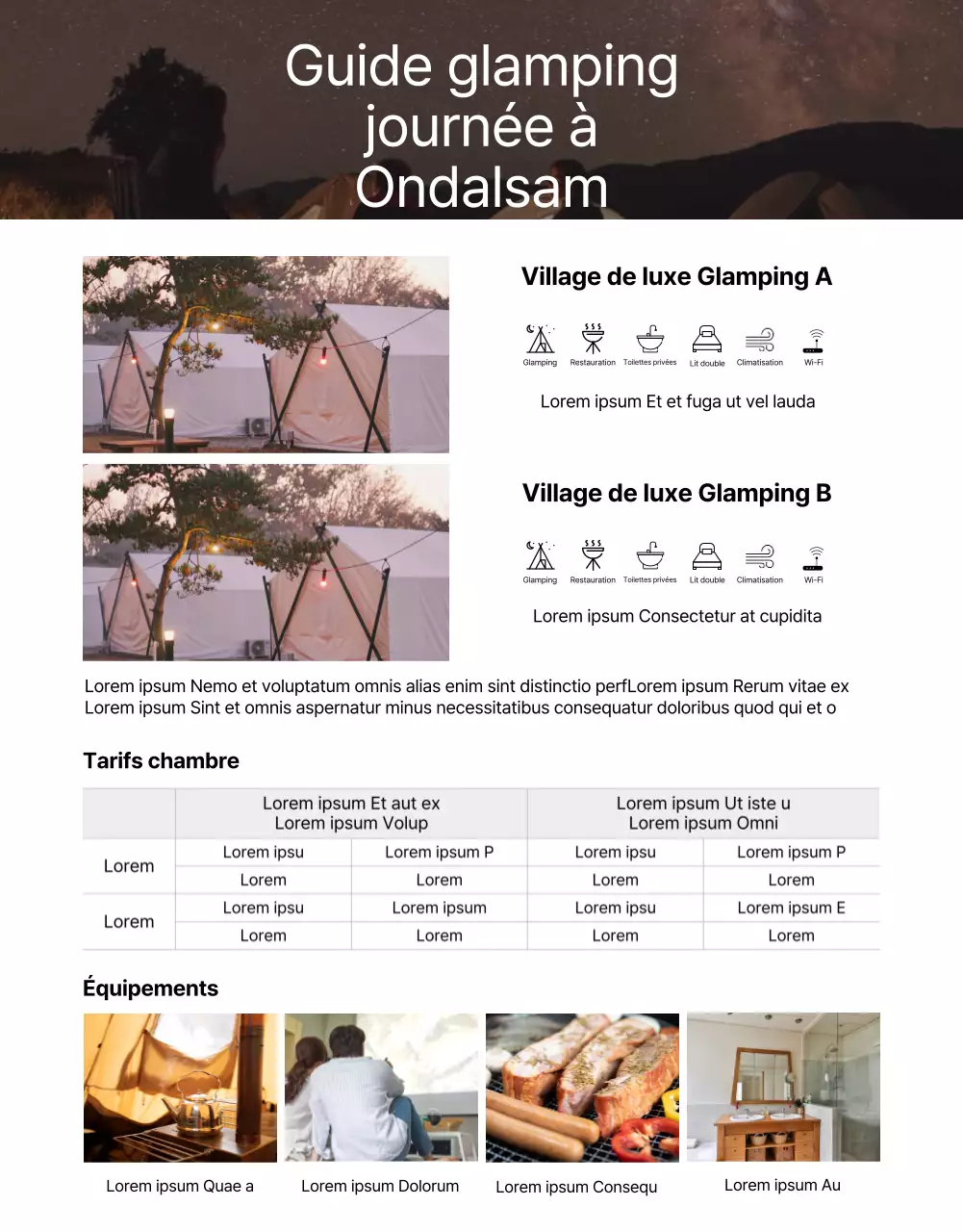 Page détaillée de réservation de camping simple et illustrée en vert