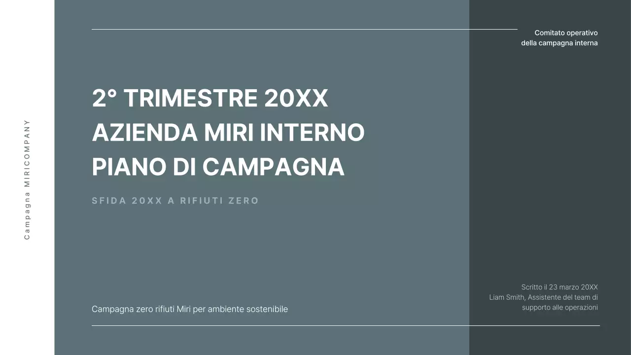 Presentazione di una campagna ambientale interna con toni verdi e rilassanti.