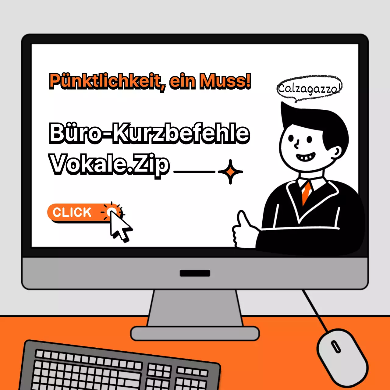 Eine Sammlung von Bürokürzeln mit einem orange und grau illustrierten Konzept.