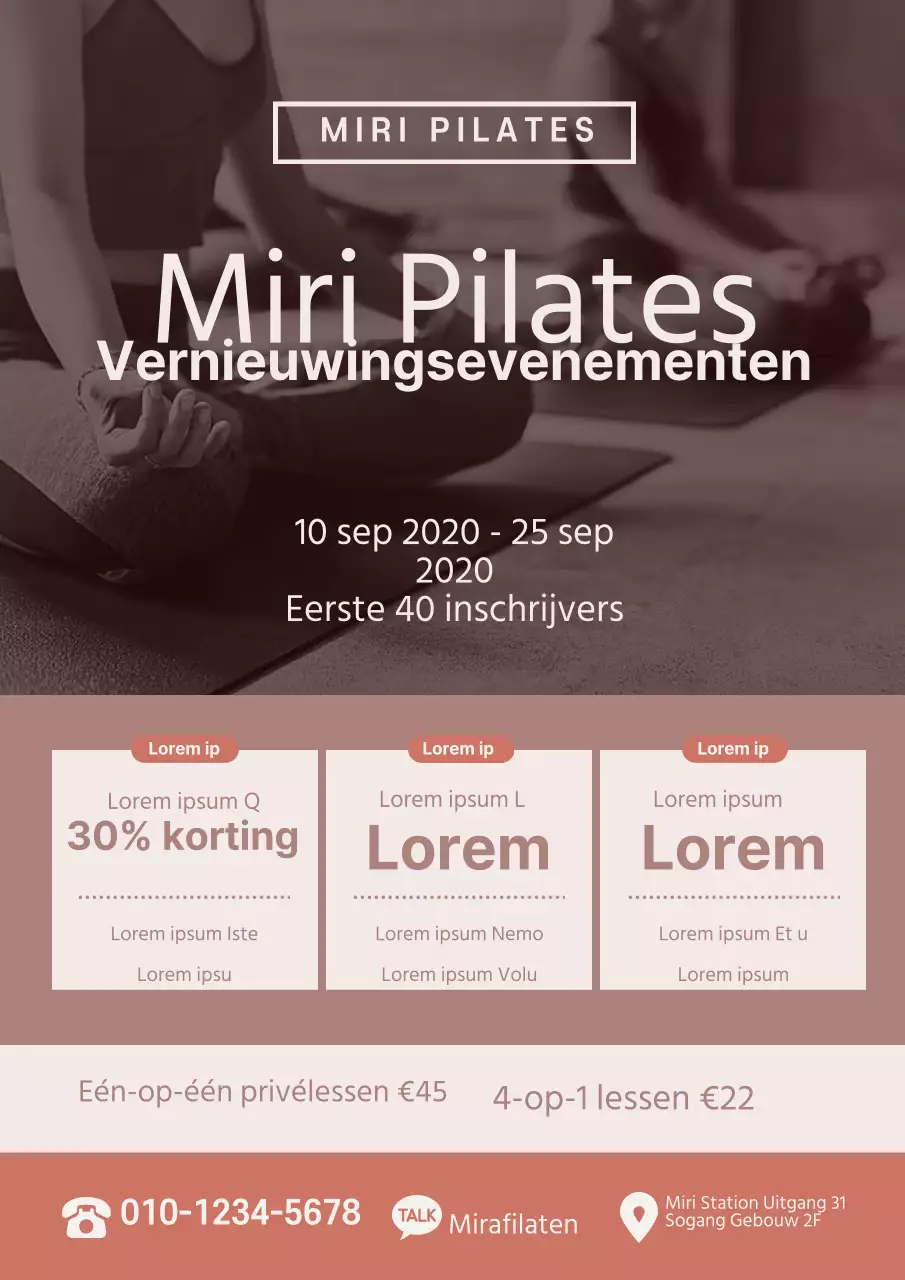 Promoot een leuk Pilates open evenement met een foto van jou terwijl je Pilates doet in mint en oranje.