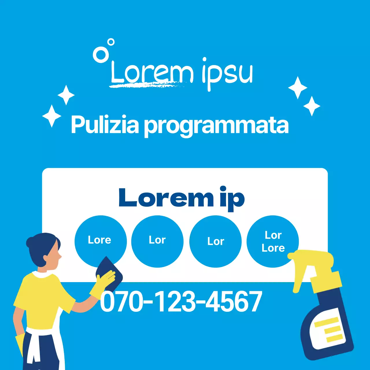 Illustrazione blu che promuove un servizio di pulizia ordinata