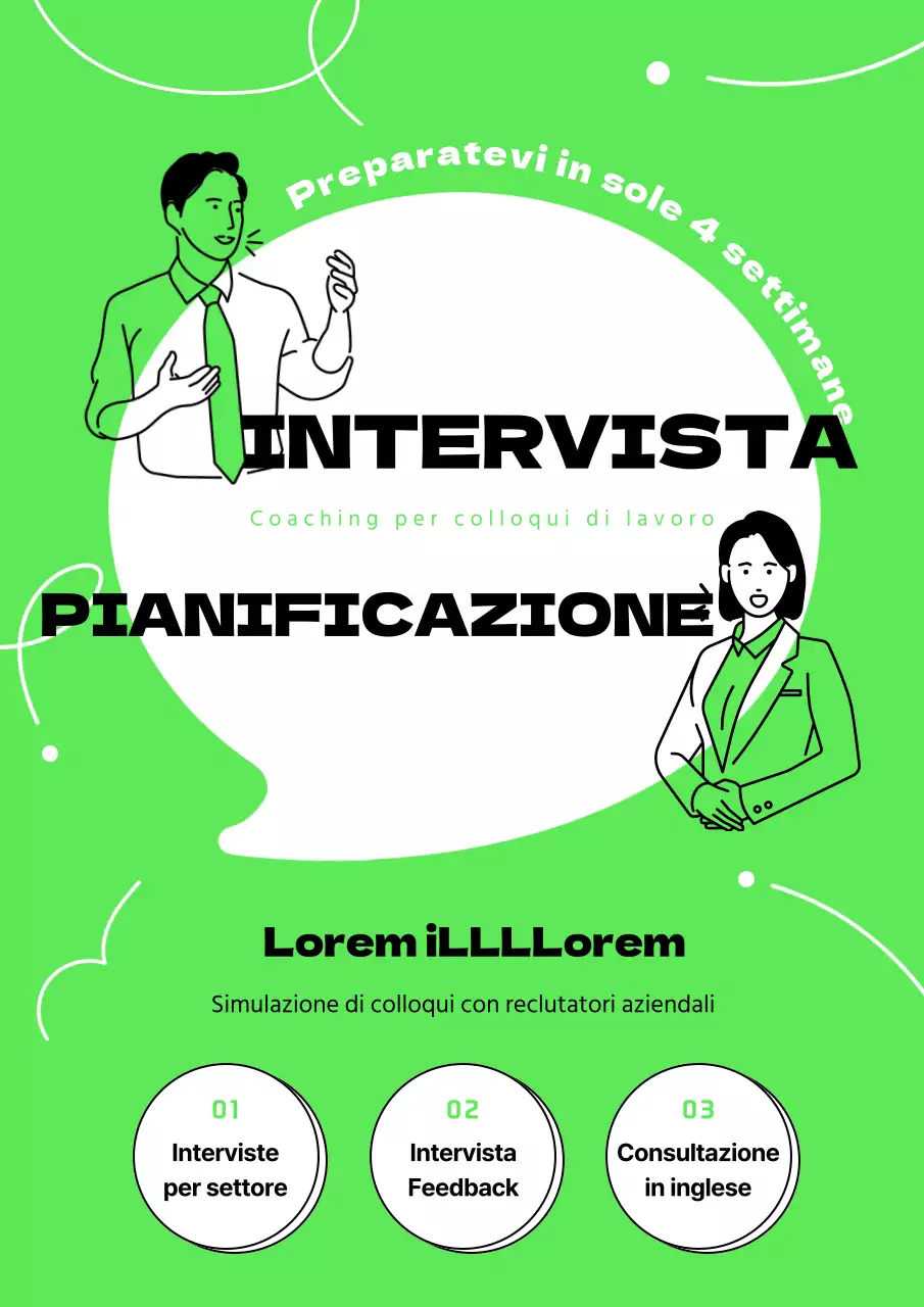 Semplice illustrazione al tratto con un concetto di comunicazione in verde lime e bianco per promuovere il programma di interviste.