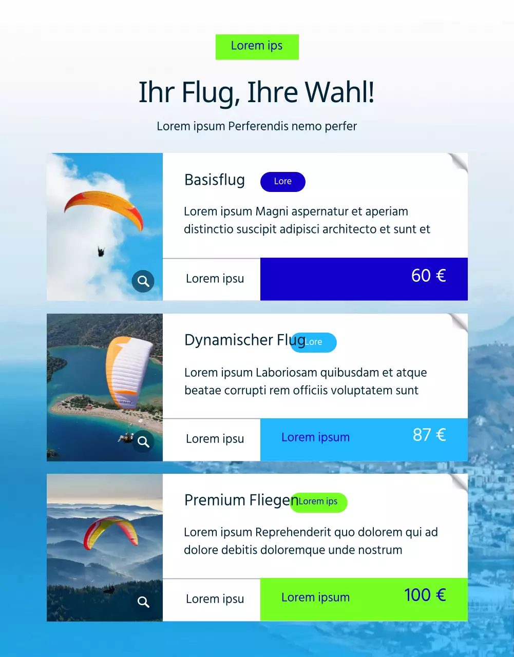 Einfaches, grünes und blaues Paragliding Detailseite