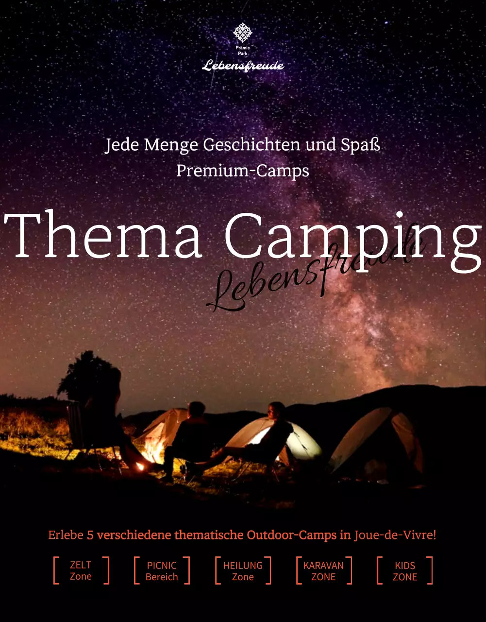 Premium-Camps für eine Vielzahl von Themen-Campingplätzen unter dem Sternenhimmel