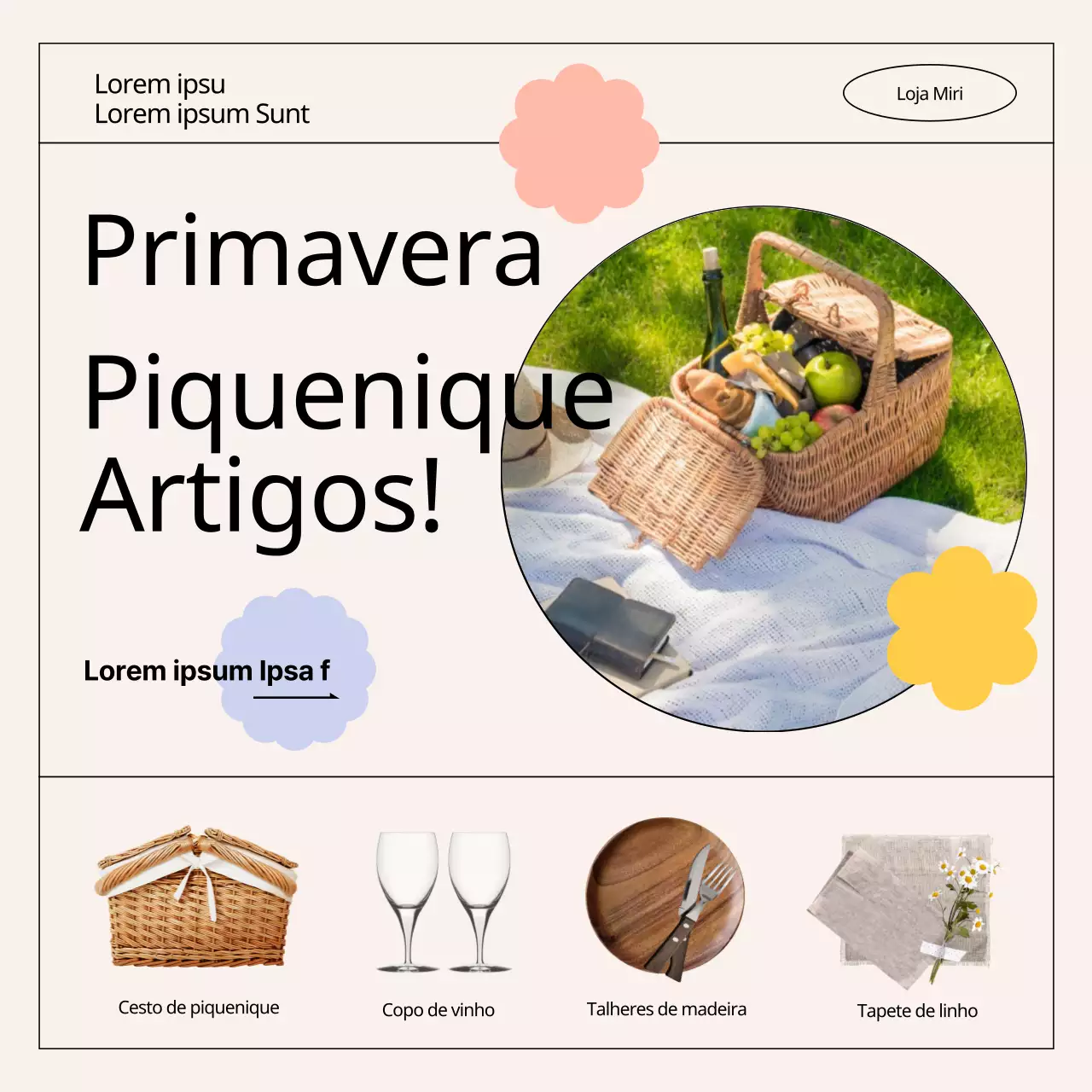 Uma coleção de conjuntos de piquenique de primavera realçada por cores pastel e molduras