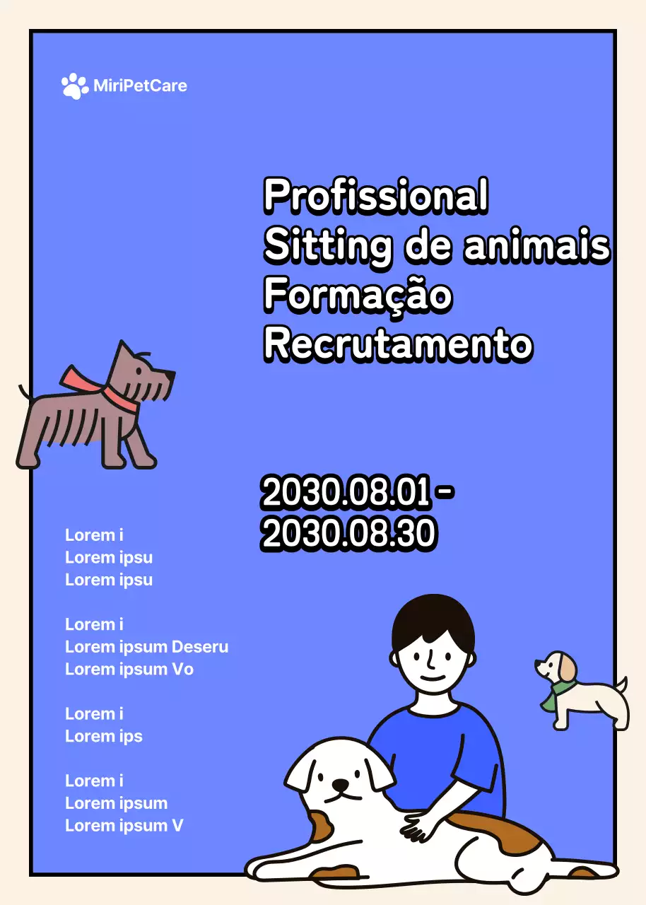 Recrutamento para um curso de formação profissional de pet sitter com um conceito de ilustração de uma personagem em tons de azul