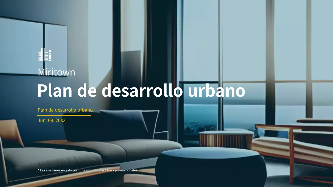 Tema urbanístico de construcción inmobiliaria en azul y amarillo (presentación)