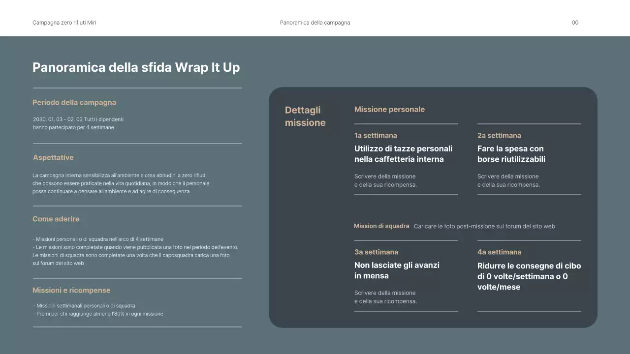 Presentazione di una campagna ambientale interna con toni verdi e rilassanti.