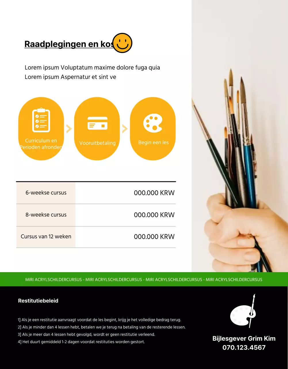 Aankondiging van een eendaagse kunstles met een vleugje beige en blauw