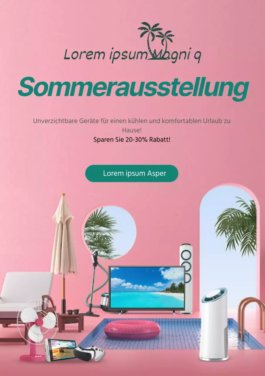 Einfaches Werbeplakat für eine Sommerausstellung in Rosa und Grün