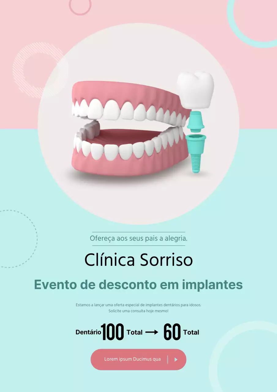 Evento sobre implantes dentários com ilustrações de dentes cor-de-rosa e cor de menta