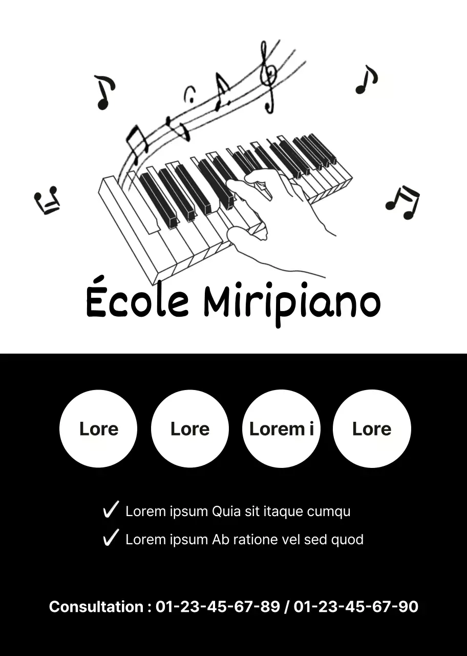 illustration en noir et blanc simple promotion école de piano