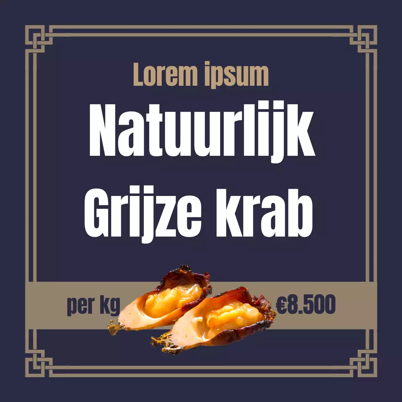 10.000 per kilo wilde stenen krab met Koreaans patroon op een marineblauwe achtergrond