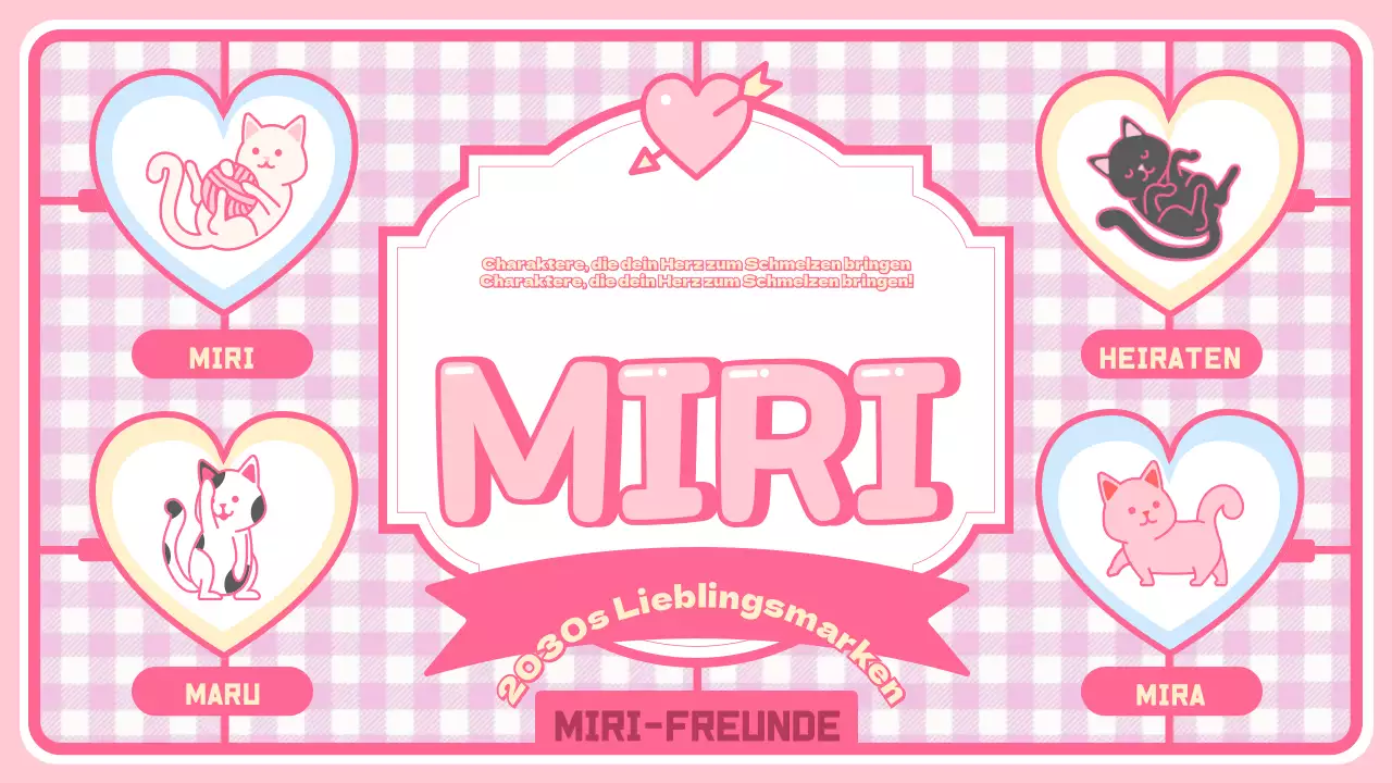 Niedliche Charakter- und Wareneinführungsseite mit rosa kariertem Hintergrund