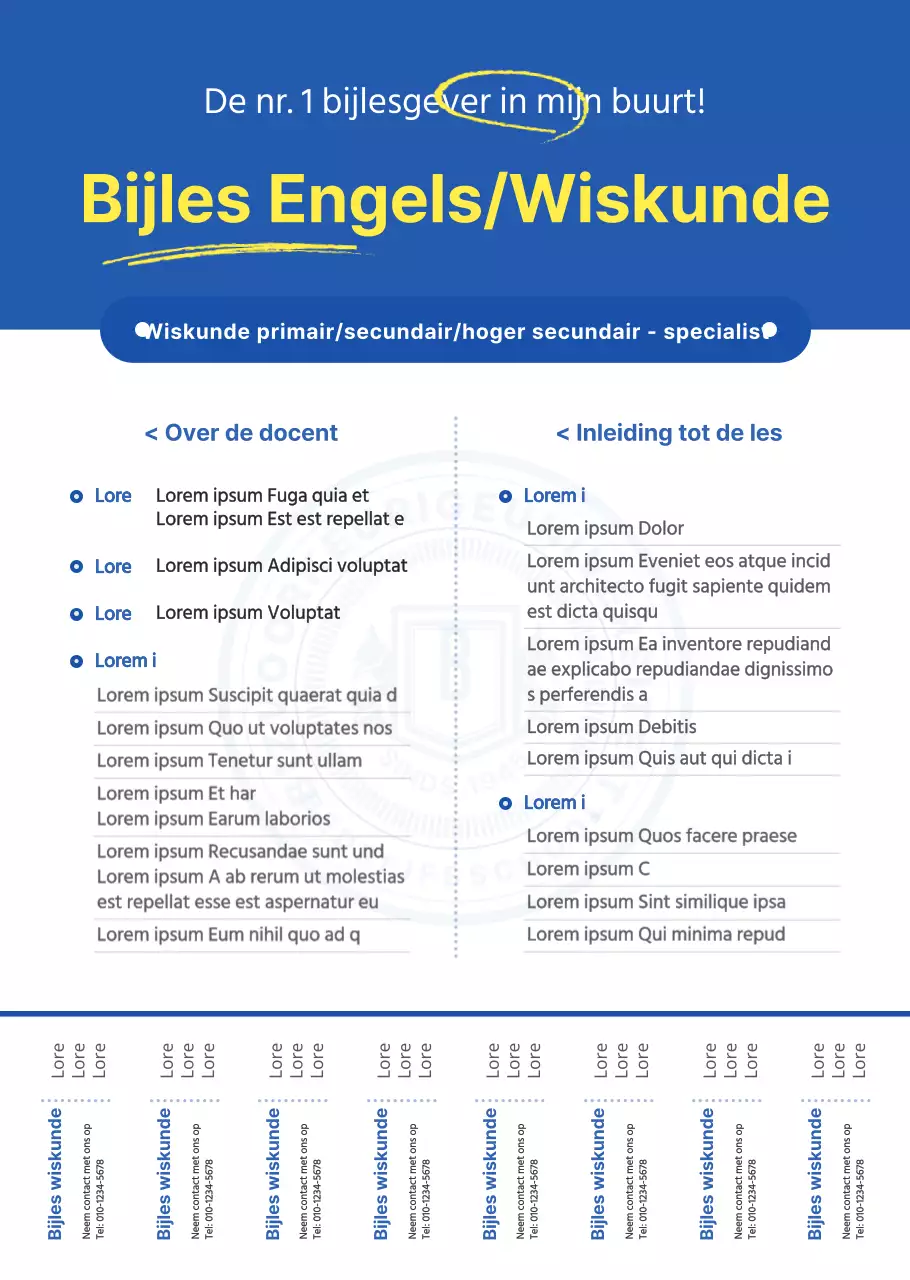 Eenvoudige, opvallende stijl in blauw en geel voor professionele bijlesinformatie en promotie