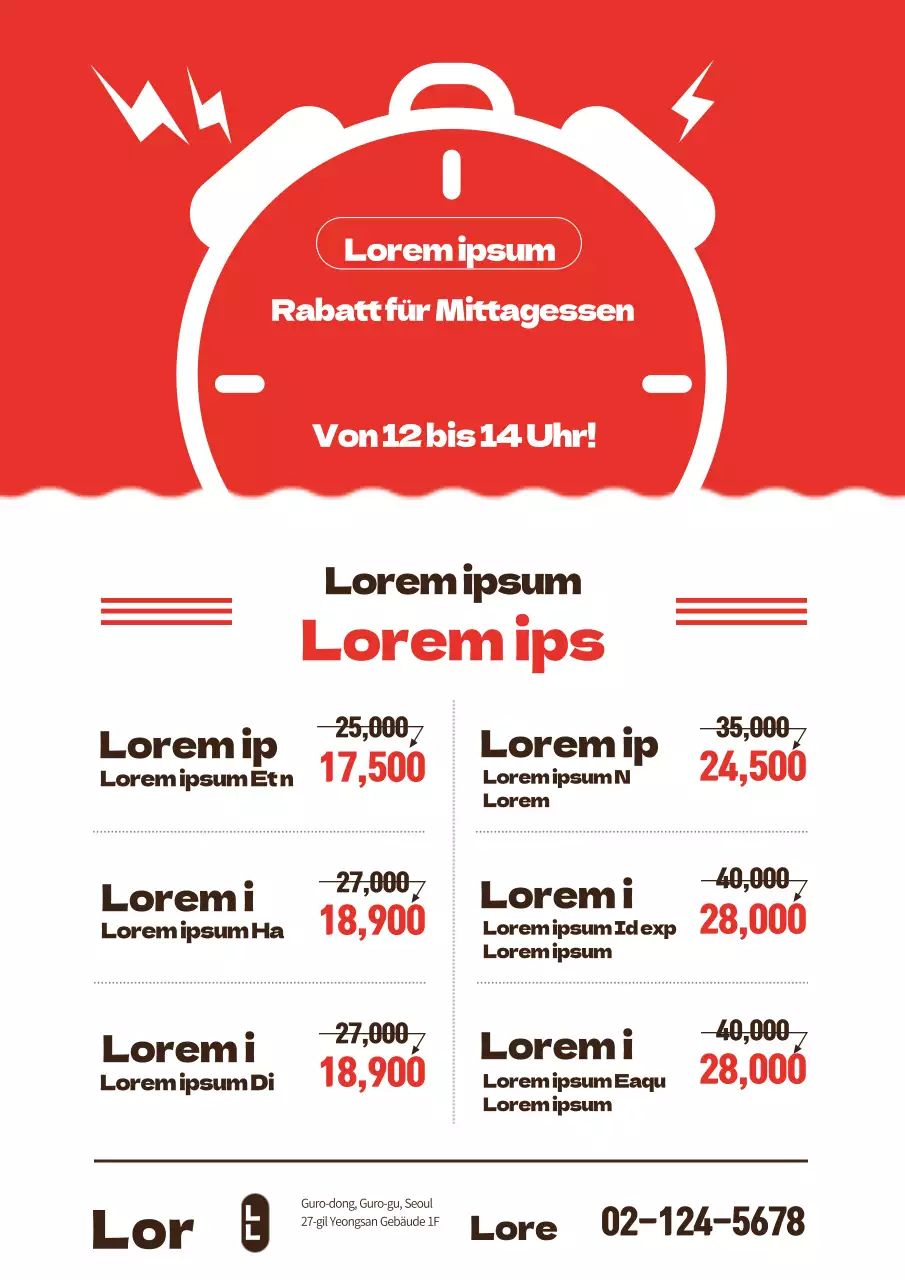 Bewerben Sie einen Rabatt auf Ihrem Mittagsmenü mit einer roten Uhr