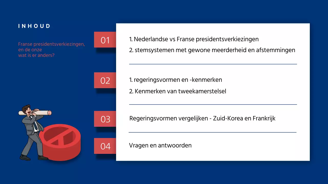 Presentatie ter vergelijking van de Franse presidentsverkiezingen met een blauw en rood infografisch thema