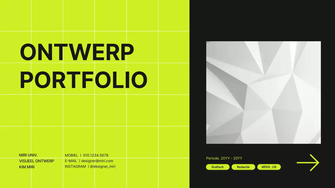 Raster concept designer portfolio in limoengroen en zwart