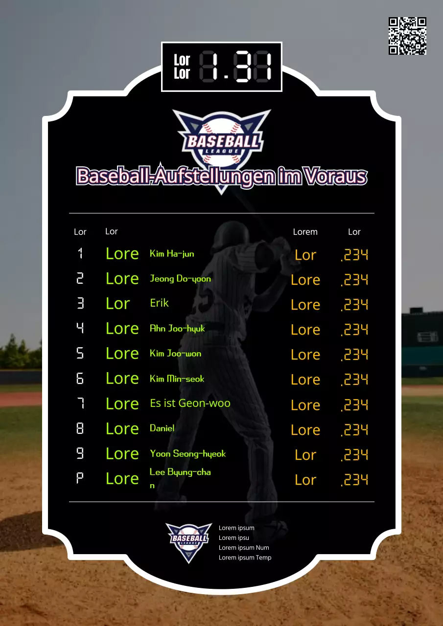 Baseball-Startaufstellung mit einem grünen und gelben Plakatkonzept