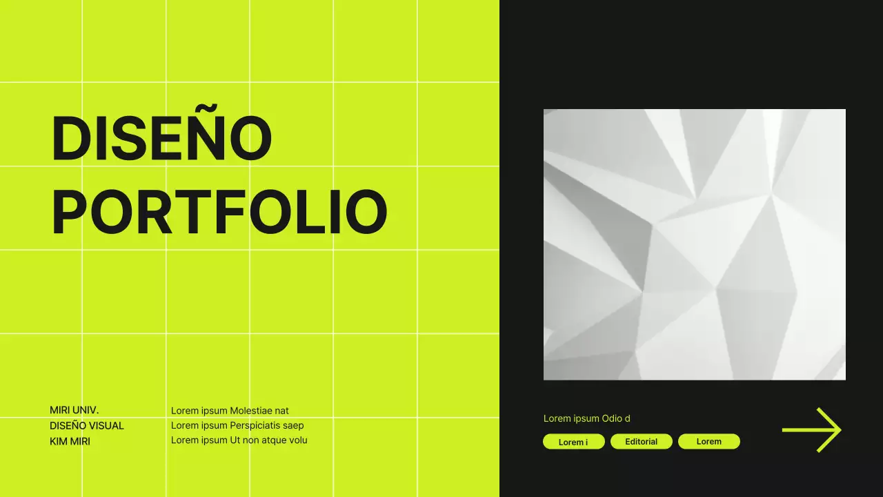 Portafolio de diseñador con concepto de cuadrícula en verde lima y negro