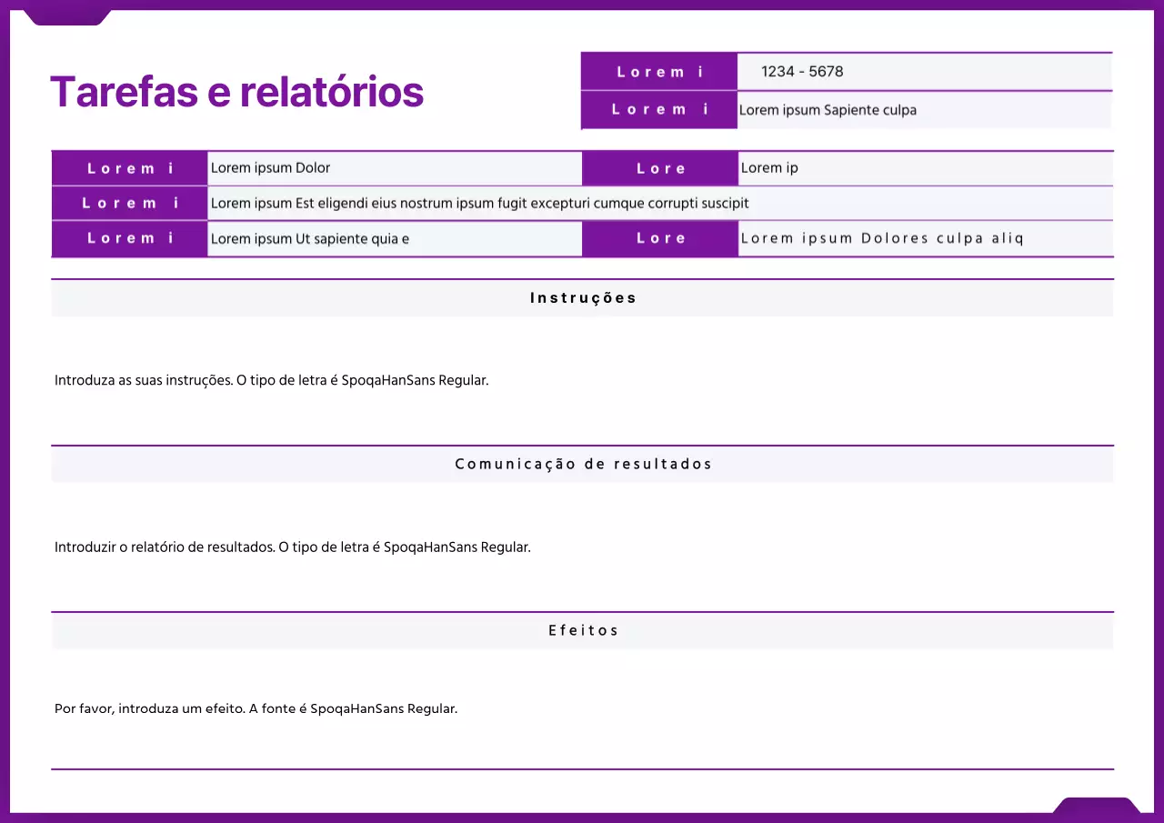 Conceito de ficheiro simples em roxo e branco Instruções de trabalho e relatórios de resultados