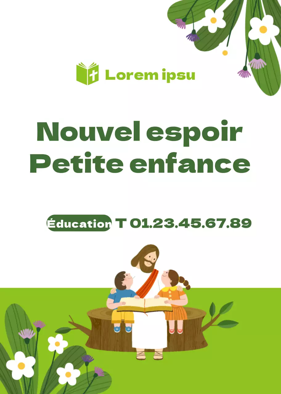 Illustration d'un personnage vert Promotion de l'église et de l'école maternelle