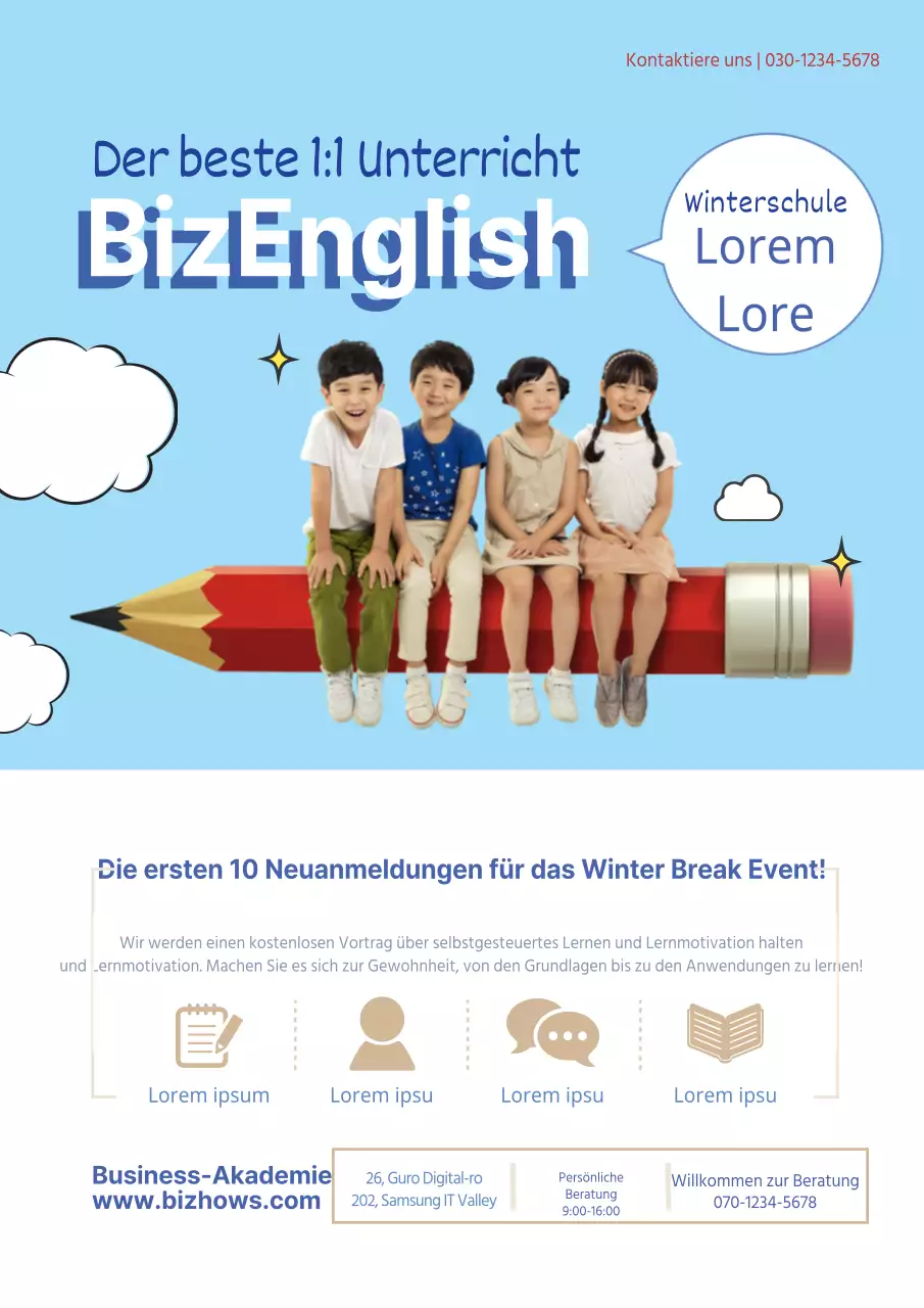 Einfacher englischsprachiger Schulflyer in Hellblau und Weiß