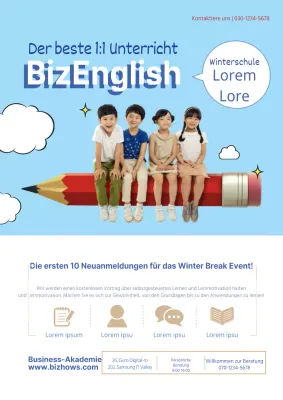 Einfacher englischsprachiger Schulflyer in Hellblau und Weiß