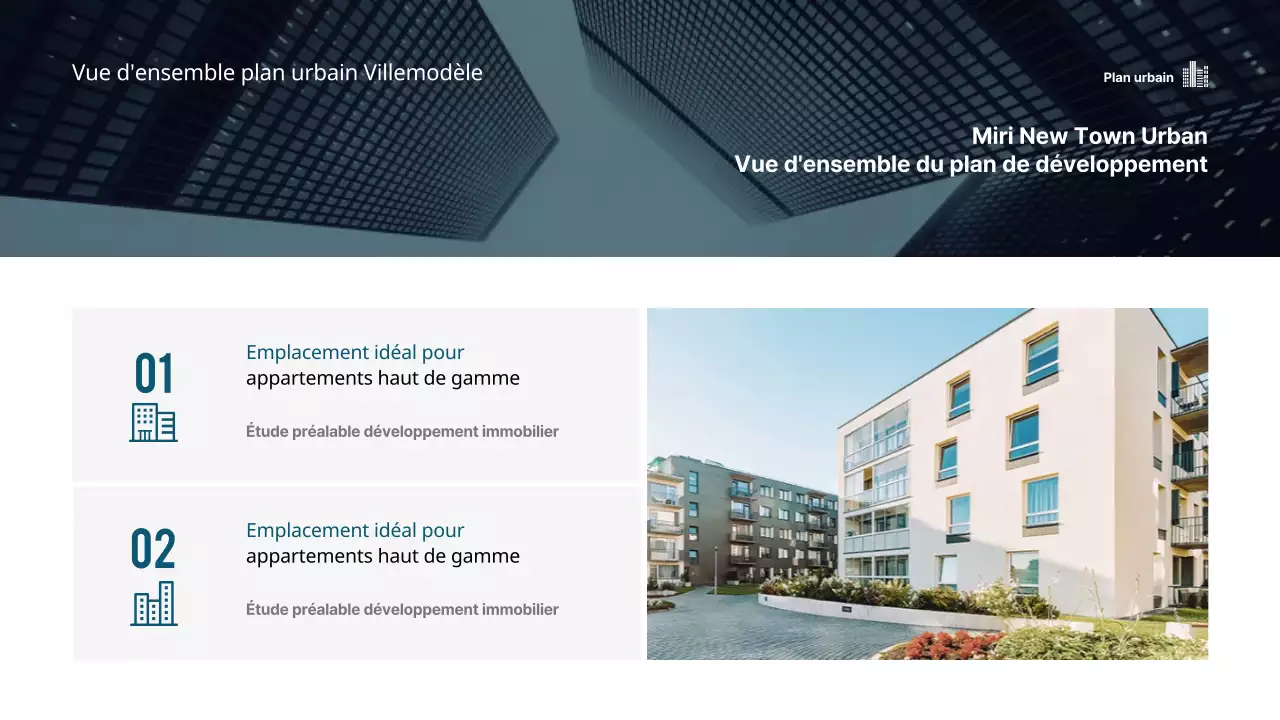 Thème de l'immobilier, de la construction et du développement urbain en bleu et jaune (présentation)