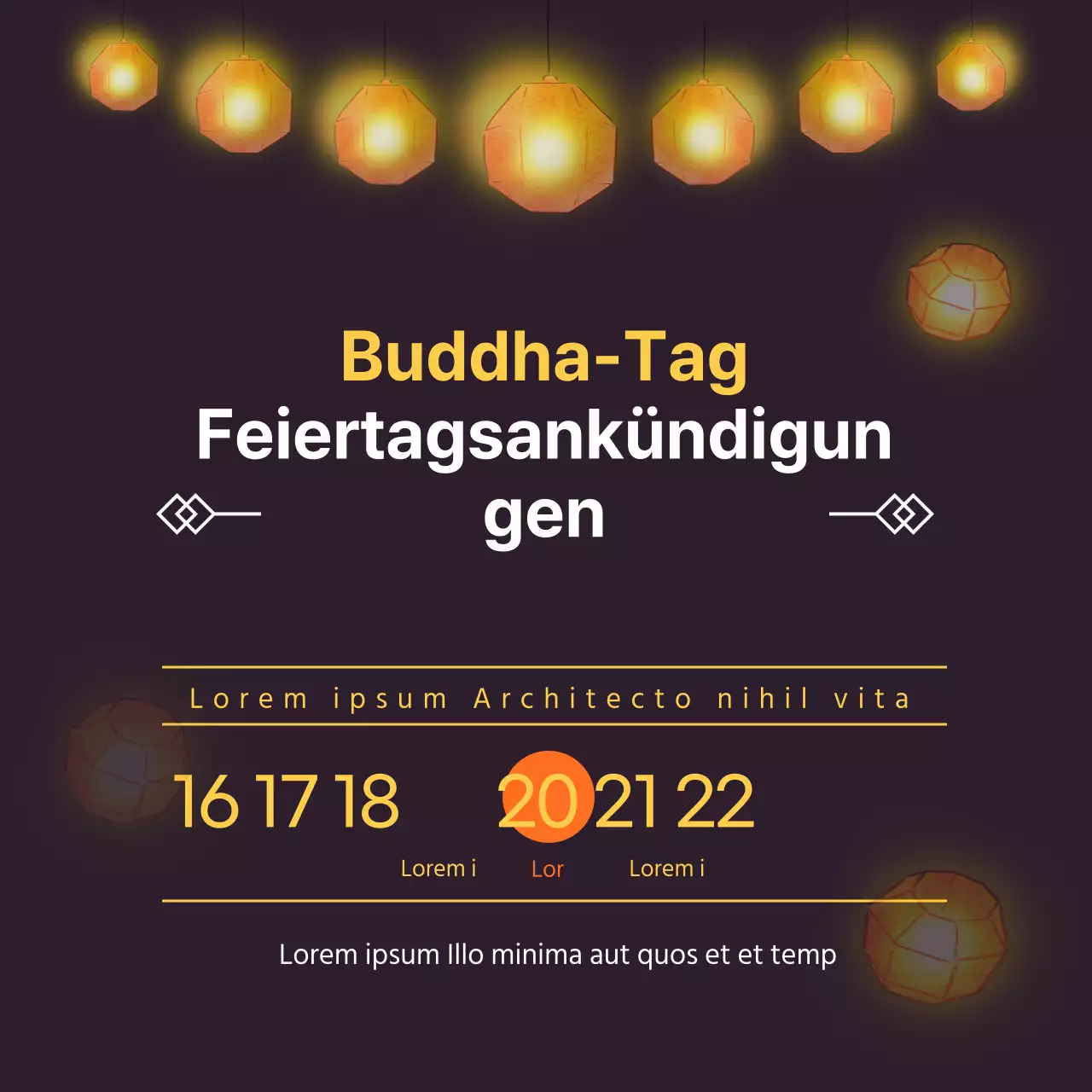 Bild Banner mit relevanten Kalenderdaten für eine Ankündigung der Ferienschließung auf einem schwarzen Laternenhintergrund