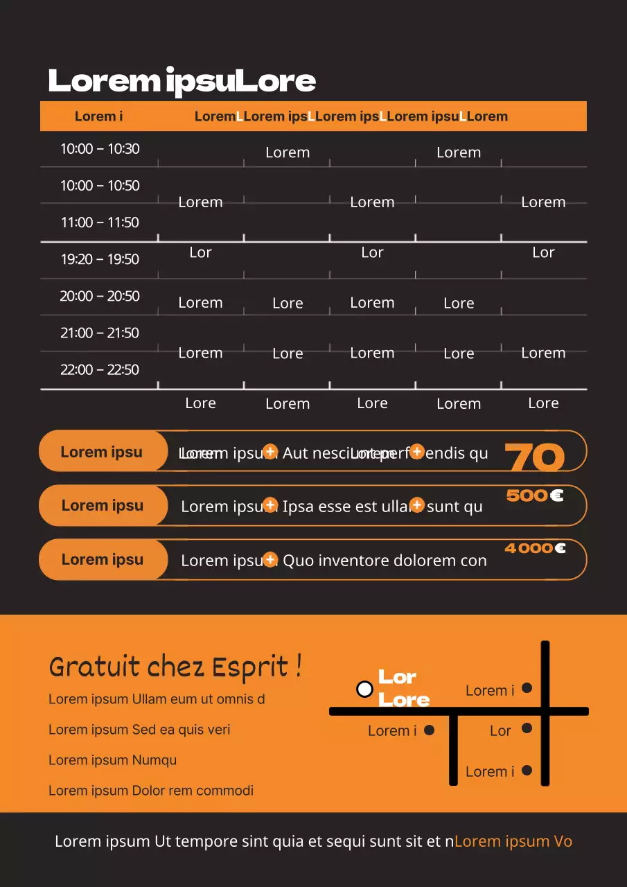 Faites la promotion de votre salle de sport avec un horaire orange et noir et un guide des événements.