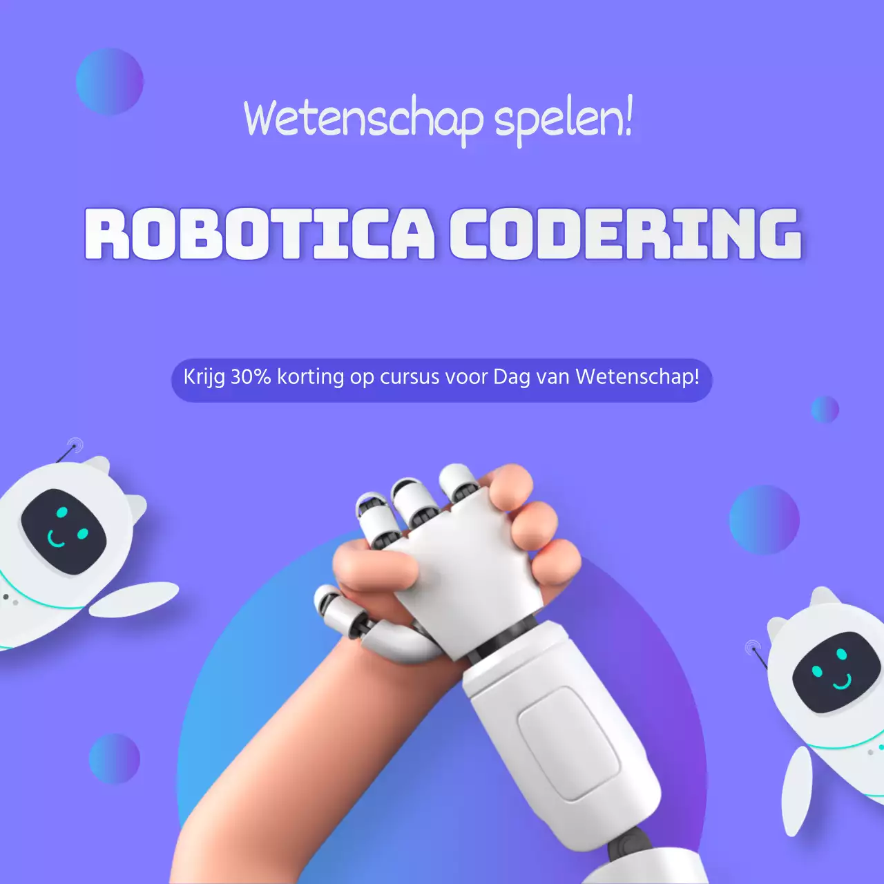 Evenementbanner met robotcodering die hand vasthoudt op paars-navy achtergrond