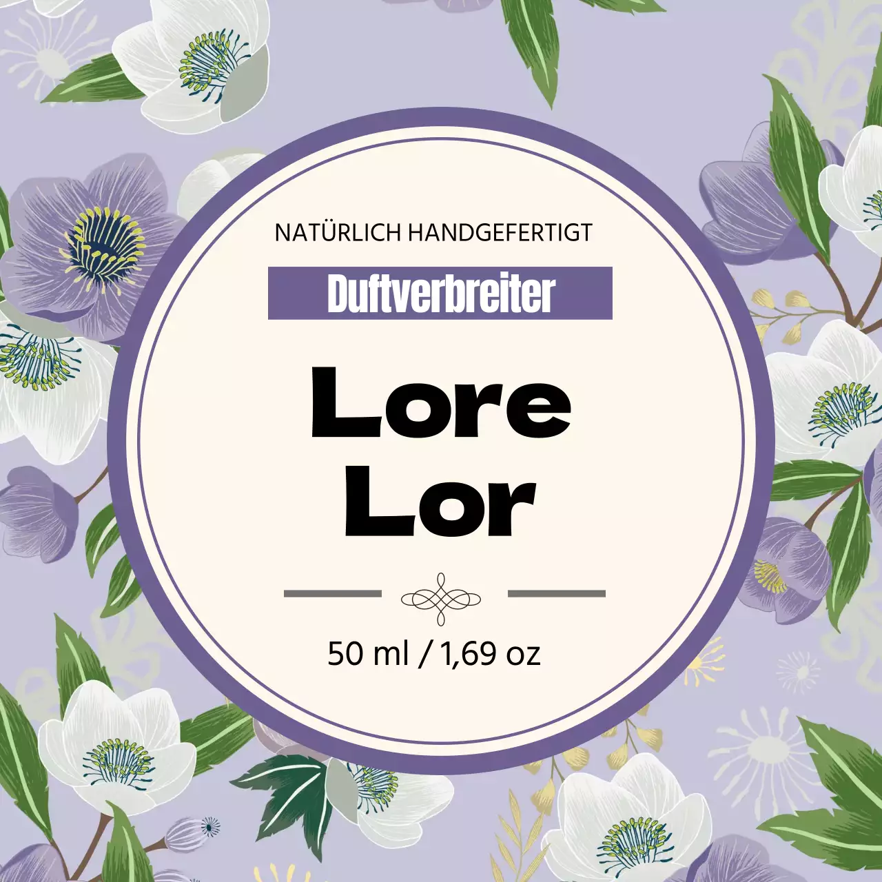 Vintage Parfüm Etikett mit lila Illustration